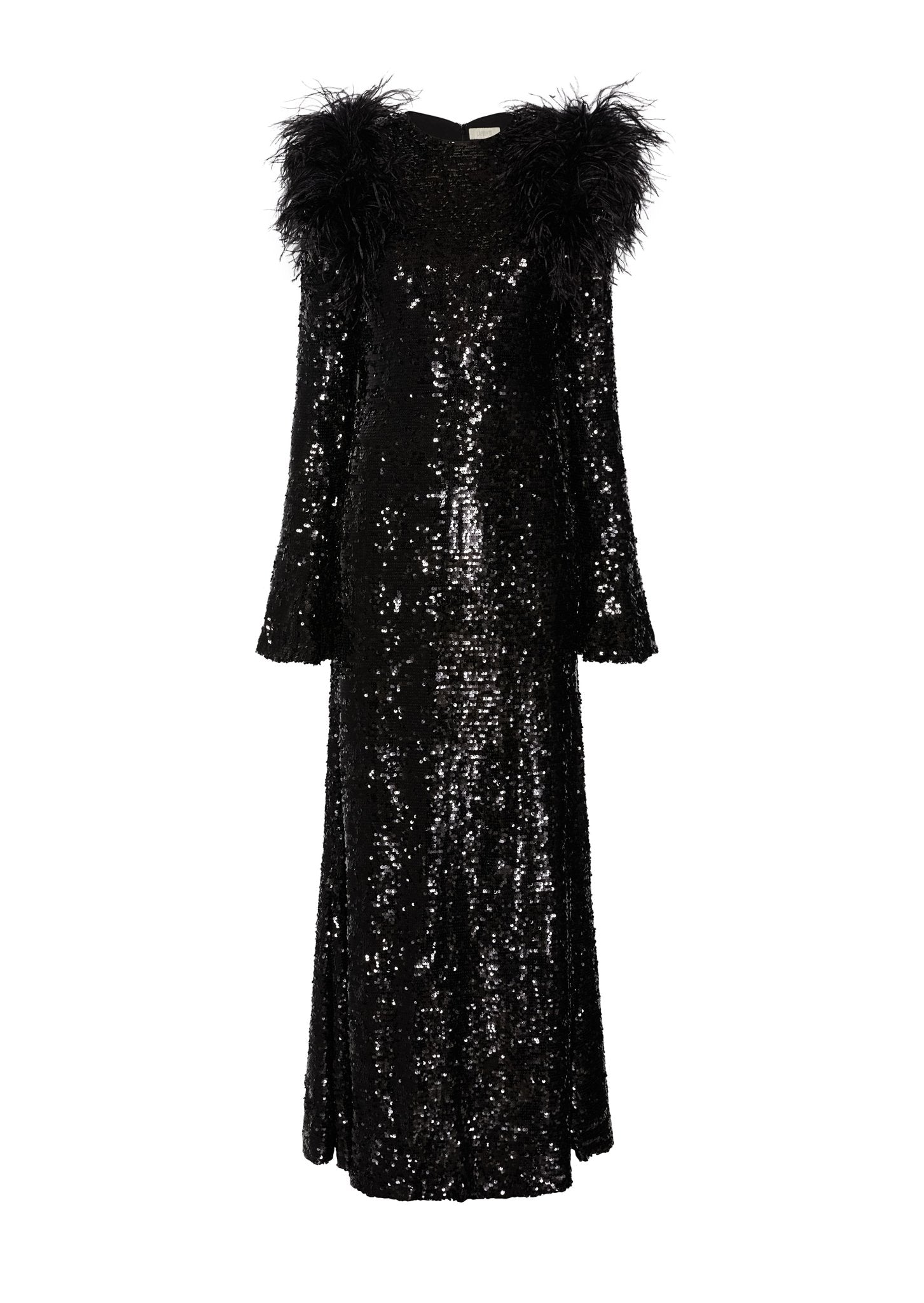 Sequin Flare Sleeve Dress With Feathers - LAPOINTE