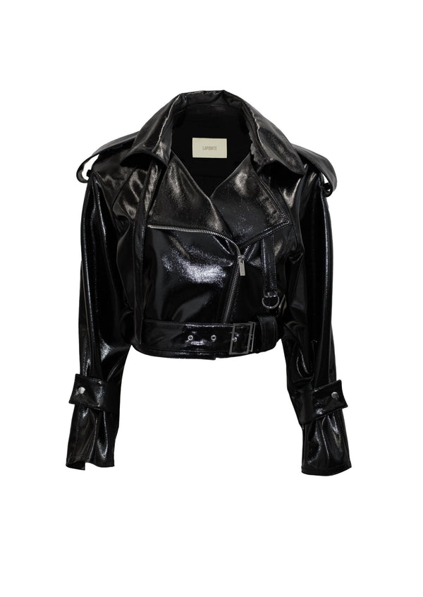 Patent Faux Leather Belted Moto Jacket - LAPOINTE