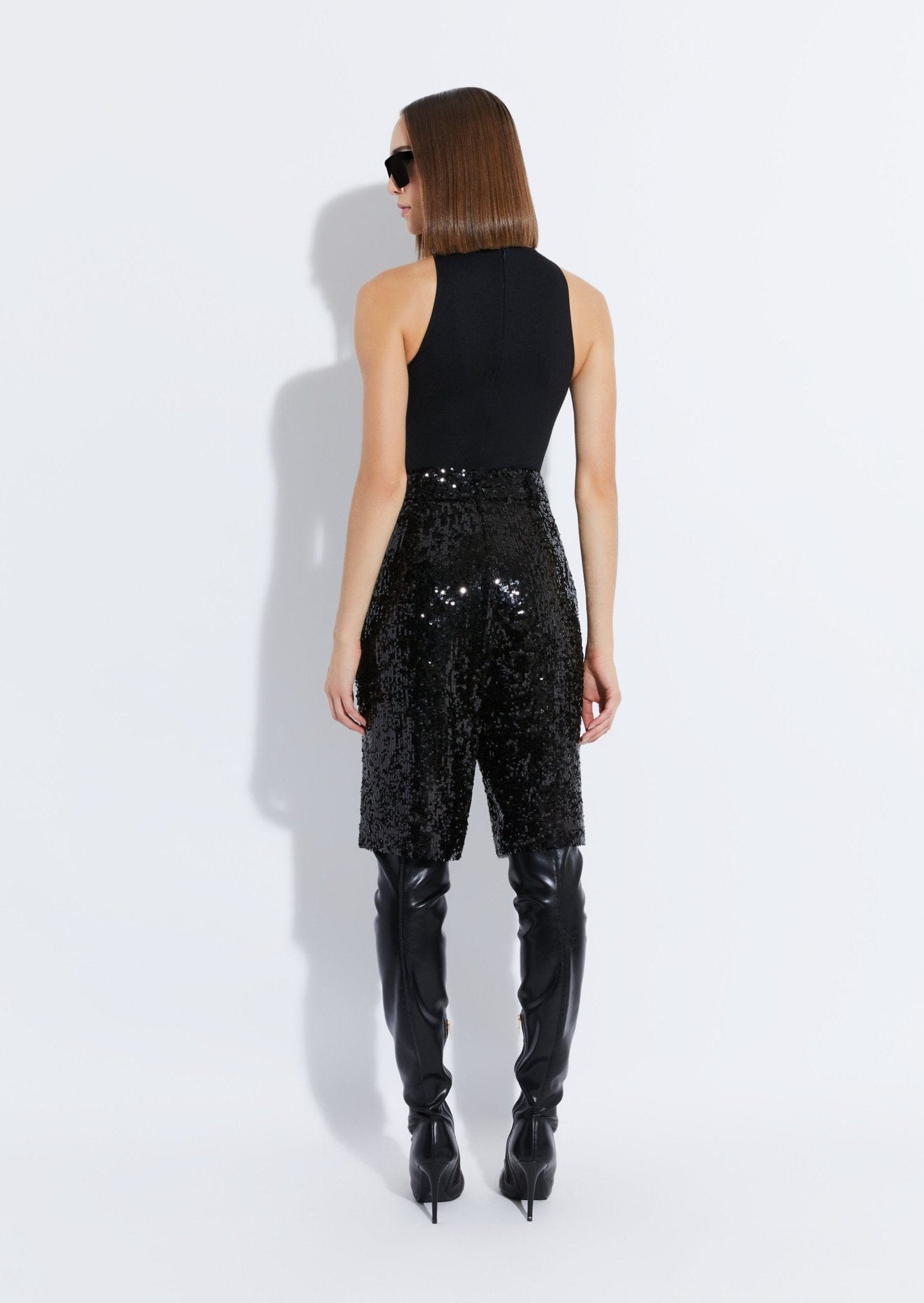 Sequin High Waisted Belted Short in Black LAPOINTE