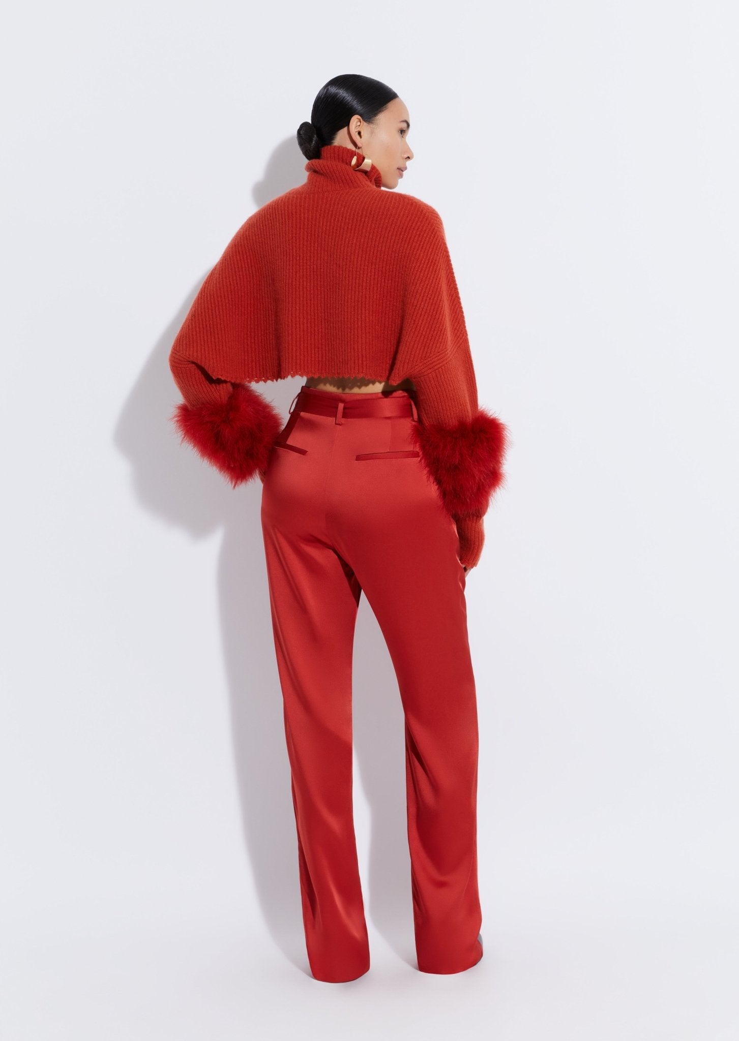 Airy Cashmere Cropped Turtleneck With Marabou Feathers in Carnelian Red ...