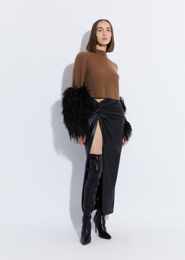 Cashmere Silk Cropped Raglan Sweater With Feather Sleeve - LAPOINTE