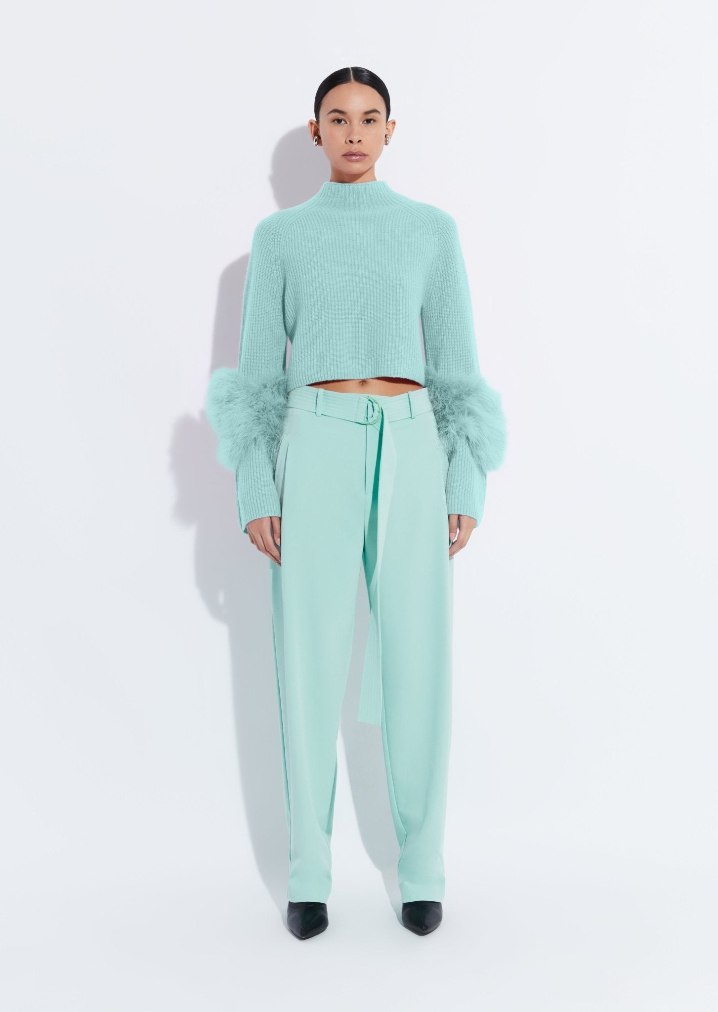 Cashmere Silk Cropped Raglan Sweater with Marabou Feathers - LAPOINTE