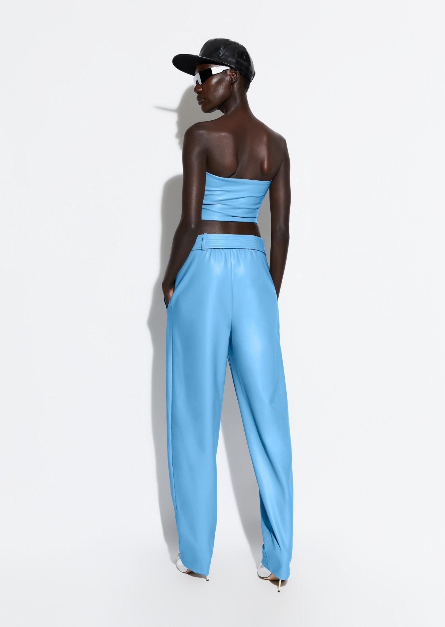 Blue faux 2025 leather trousers