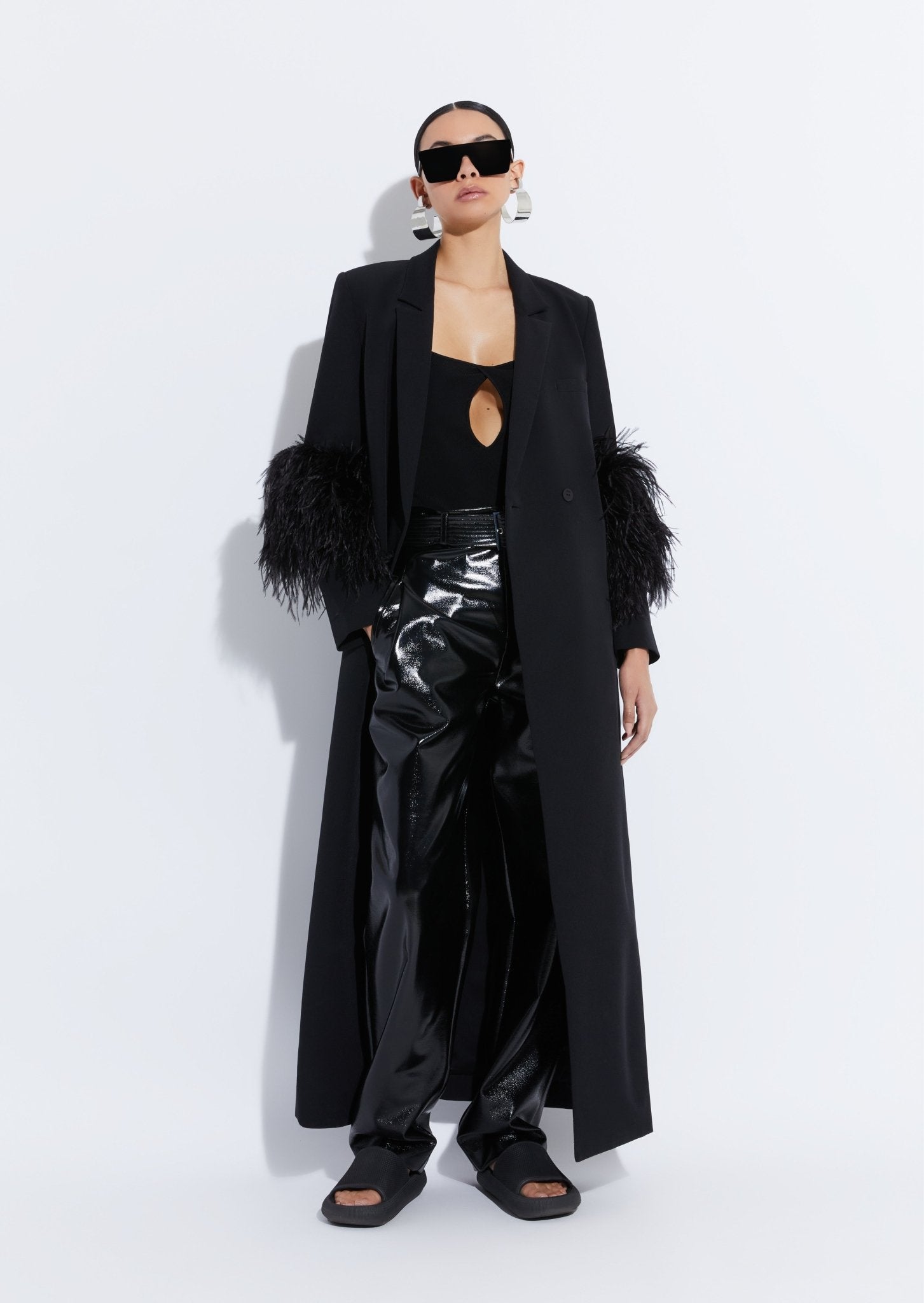 Matte Crepe Elongated Coat with Feathers - LAPOINTE