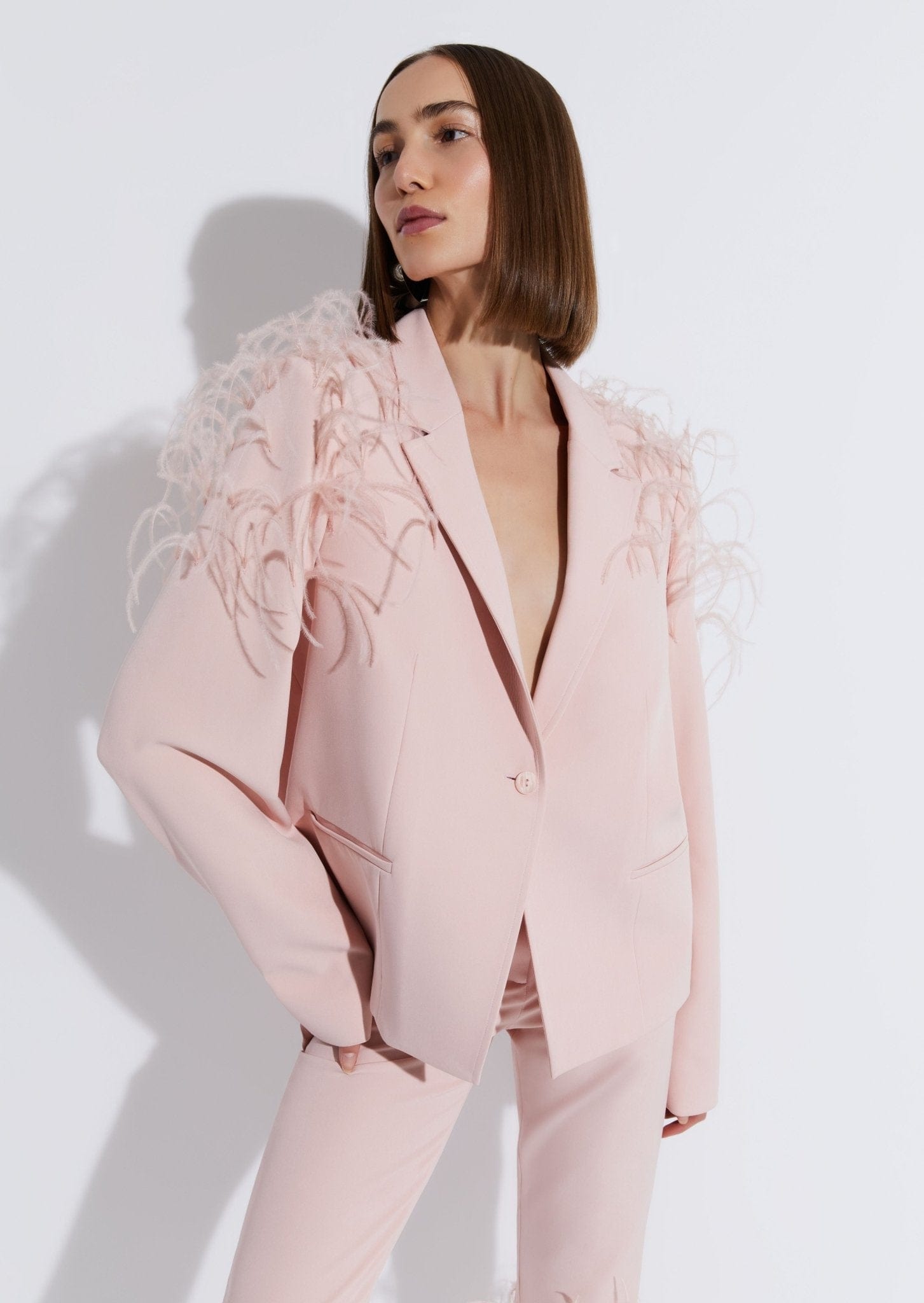 Matte Crepe Relaxed Blazer With Feather Embroidery - LAPOINTE