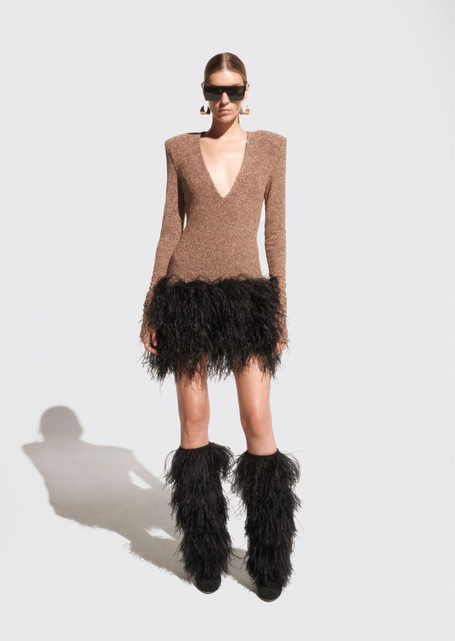 Metallic Jersey Deep V Dress With Feathers - LAPOINTE