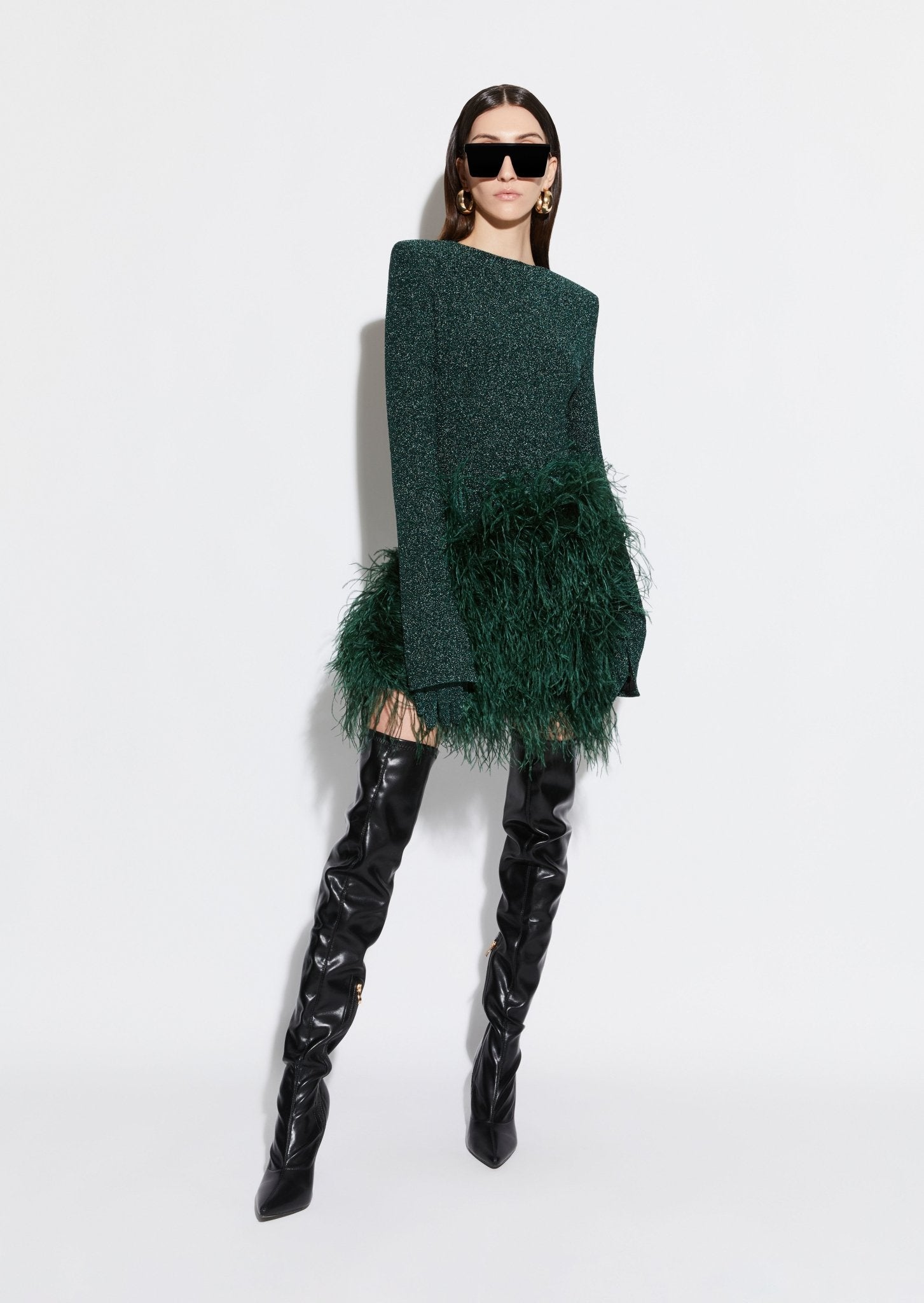 Metallic Jersey Dress With Feathers in Emerald | LAPOINTE