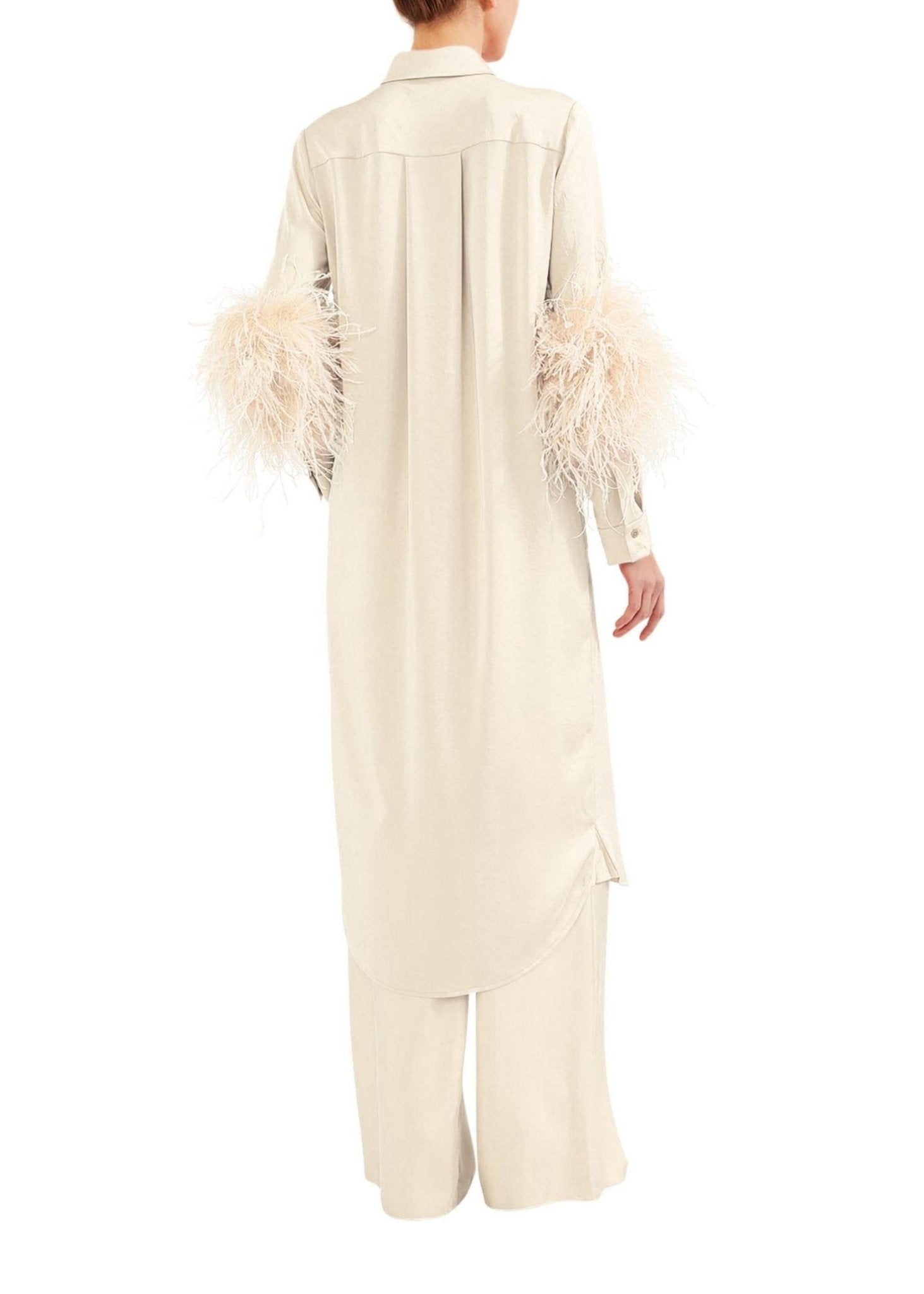 Satin Button Down Dress With Feathers - LAPOINTE