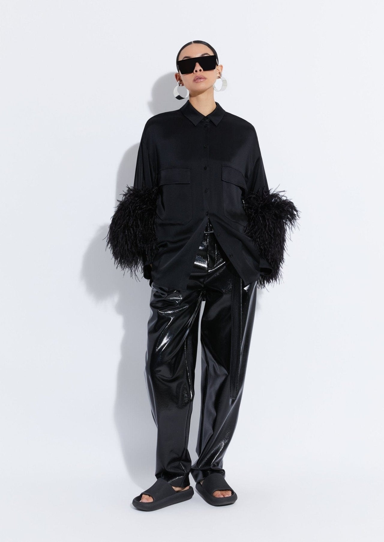 Satin Button Down With Feathers - LAPOINTE