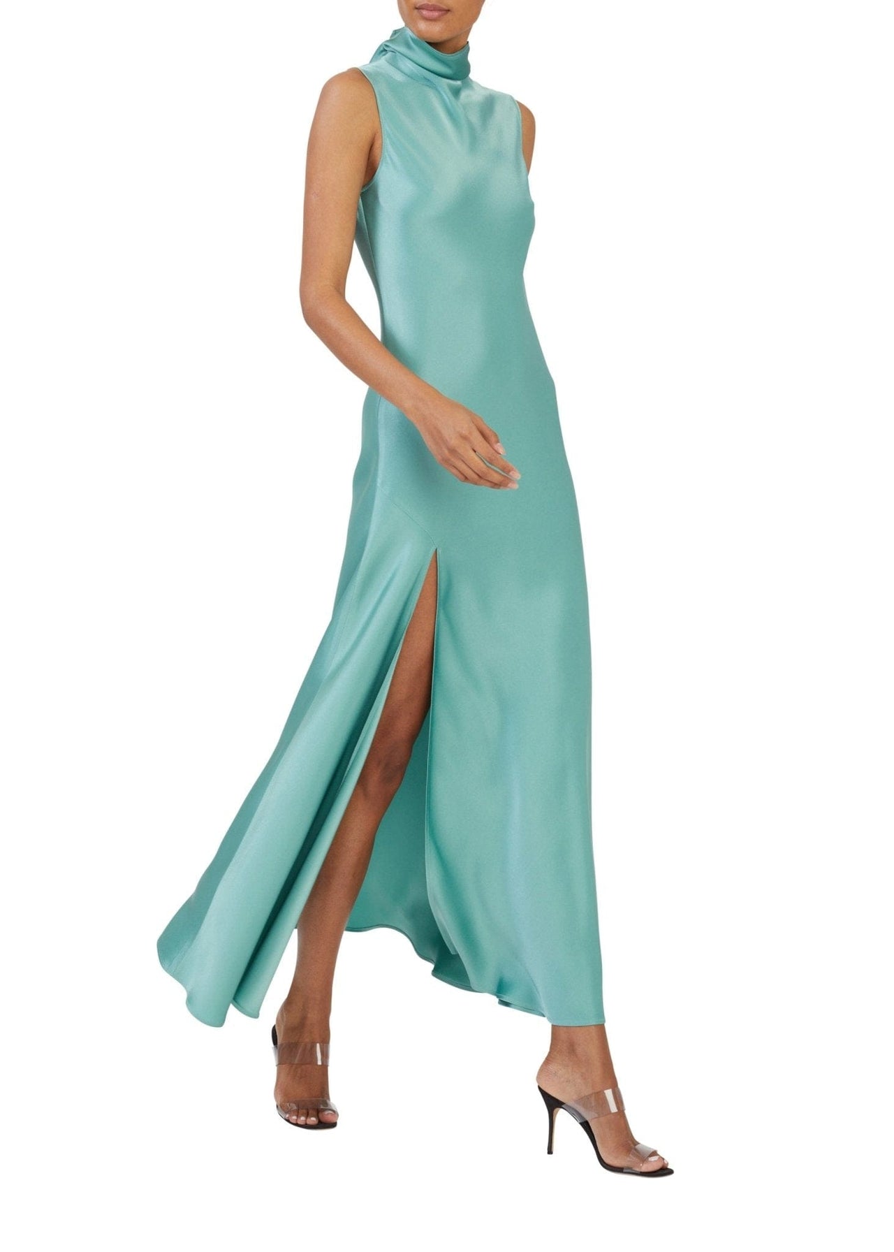 Satin Drape Neck Sleeveless Dress - LAPOINTE
