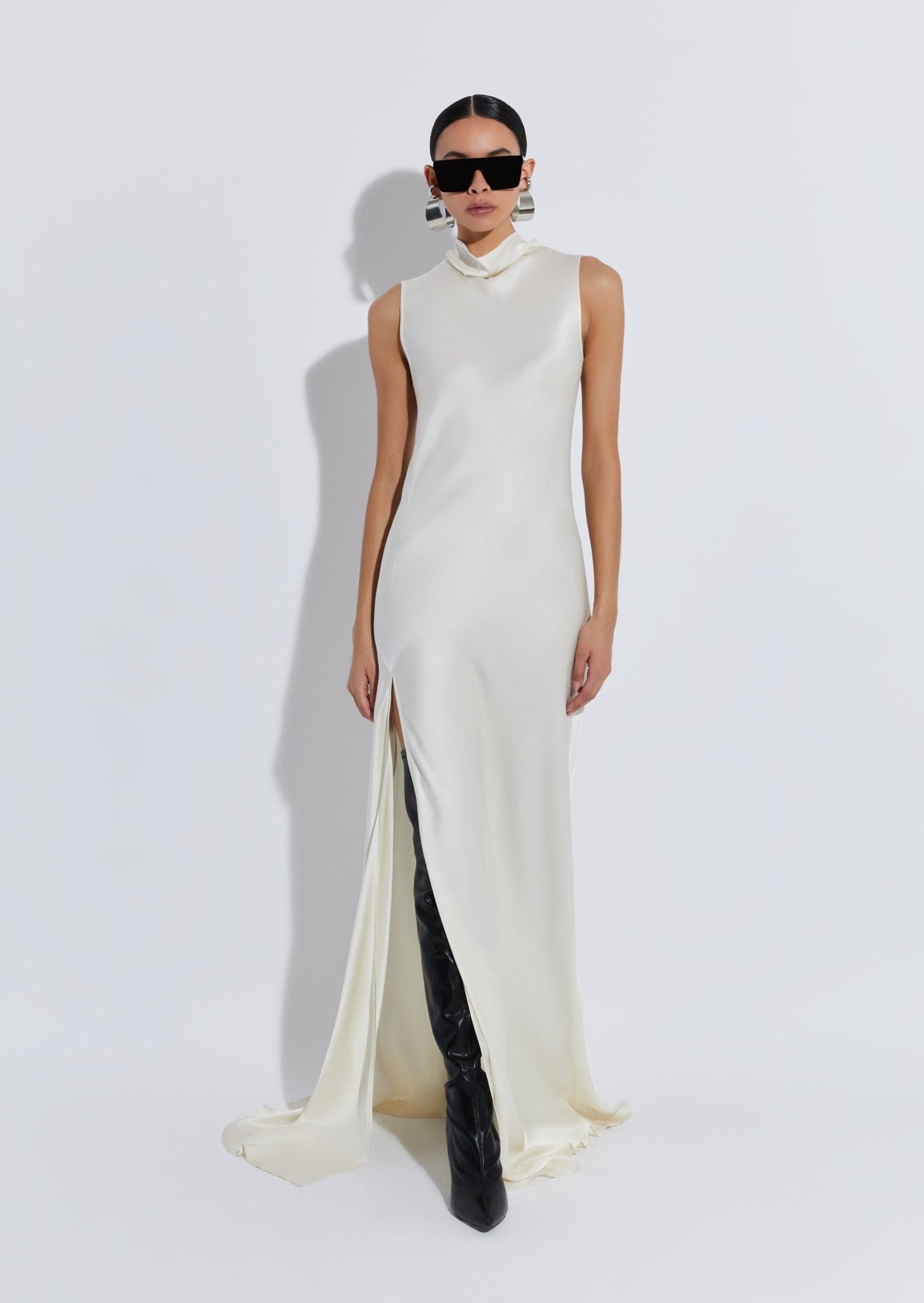 Satin Drape Neck Sleeveless Gown in Cream Cream and Neutral | LAPOINTE