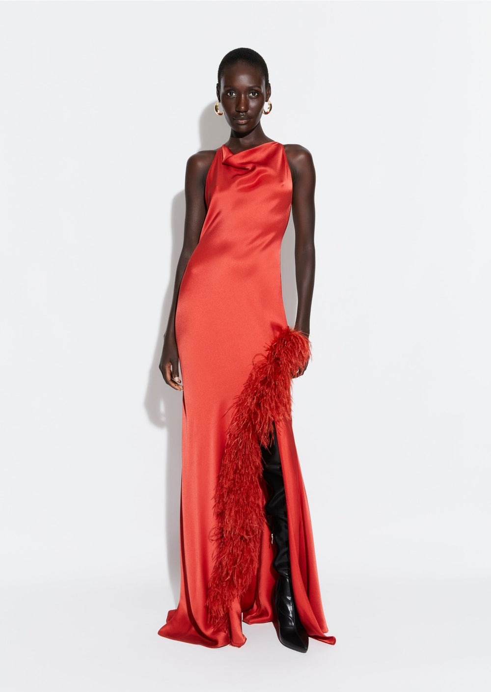 Satin Halter Gown With Feathers in Carnelian