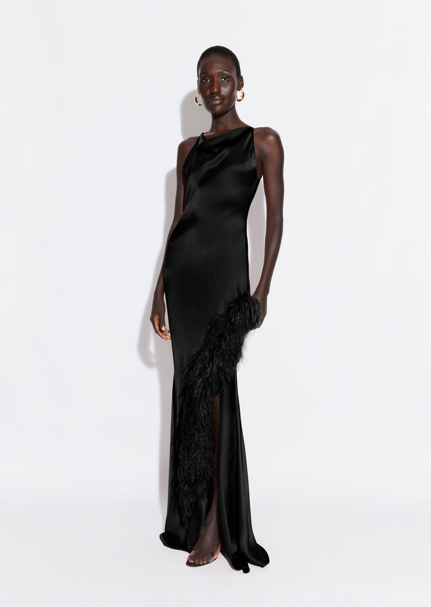LAPOINTE Satin Halter Gown With Feathers | Black / 8 LAPOINTE Satin Halter Gown With Feathers | Black / 8