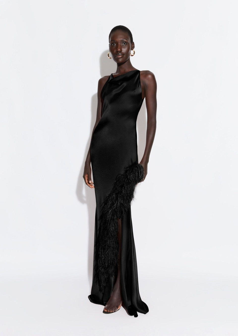 Satin Halter Gown With Feathers - LAPOINTE