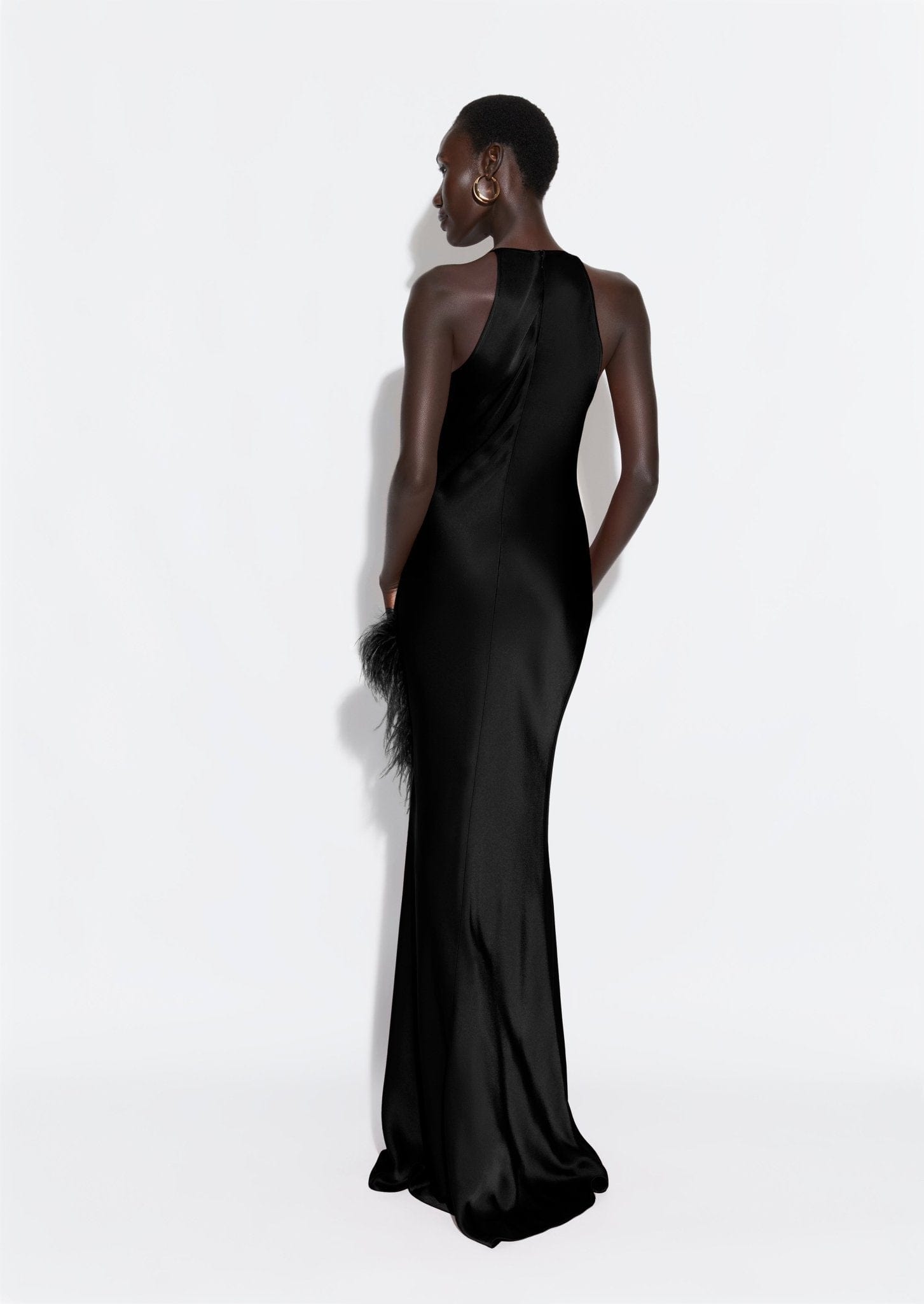 LAPOINTE Satin Halter Gown With Feathers | Black / 8 LAPOINTE Satin Halter Gown With Feathers | Black / 8