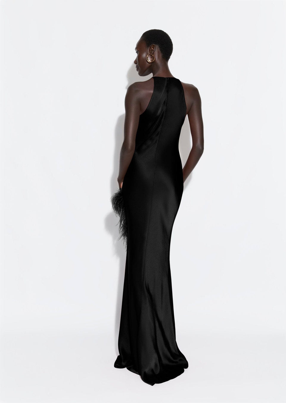 Satin Halter Gown With Feathers - LAPOINTE