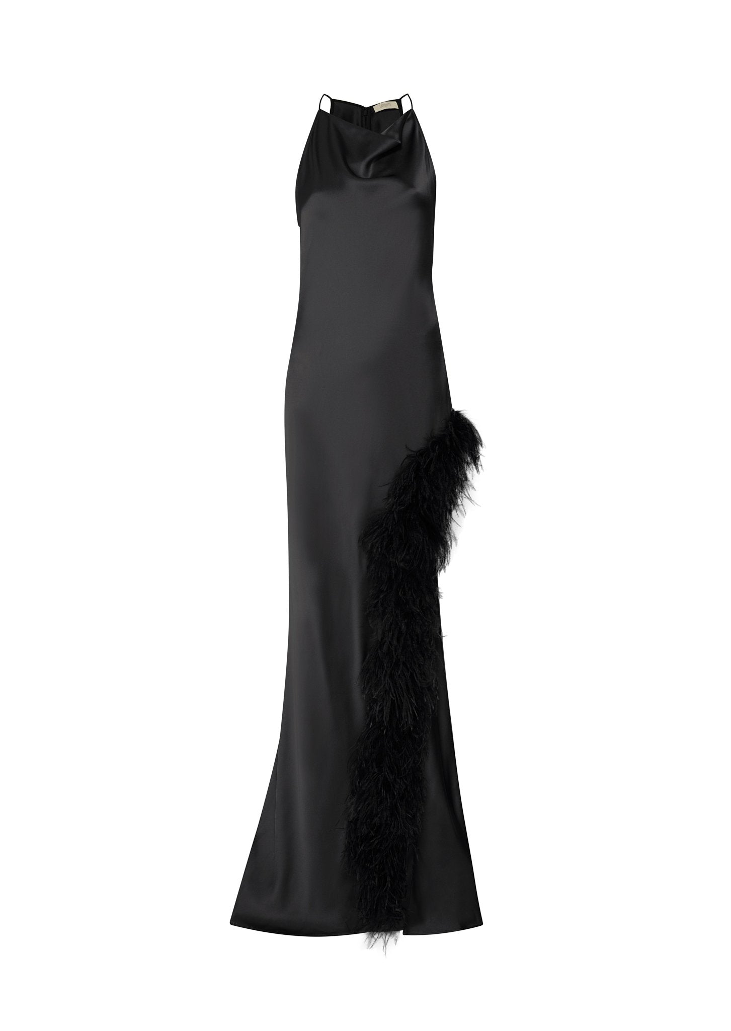 Satin Halter Gown With Feathers - LAPOINTE