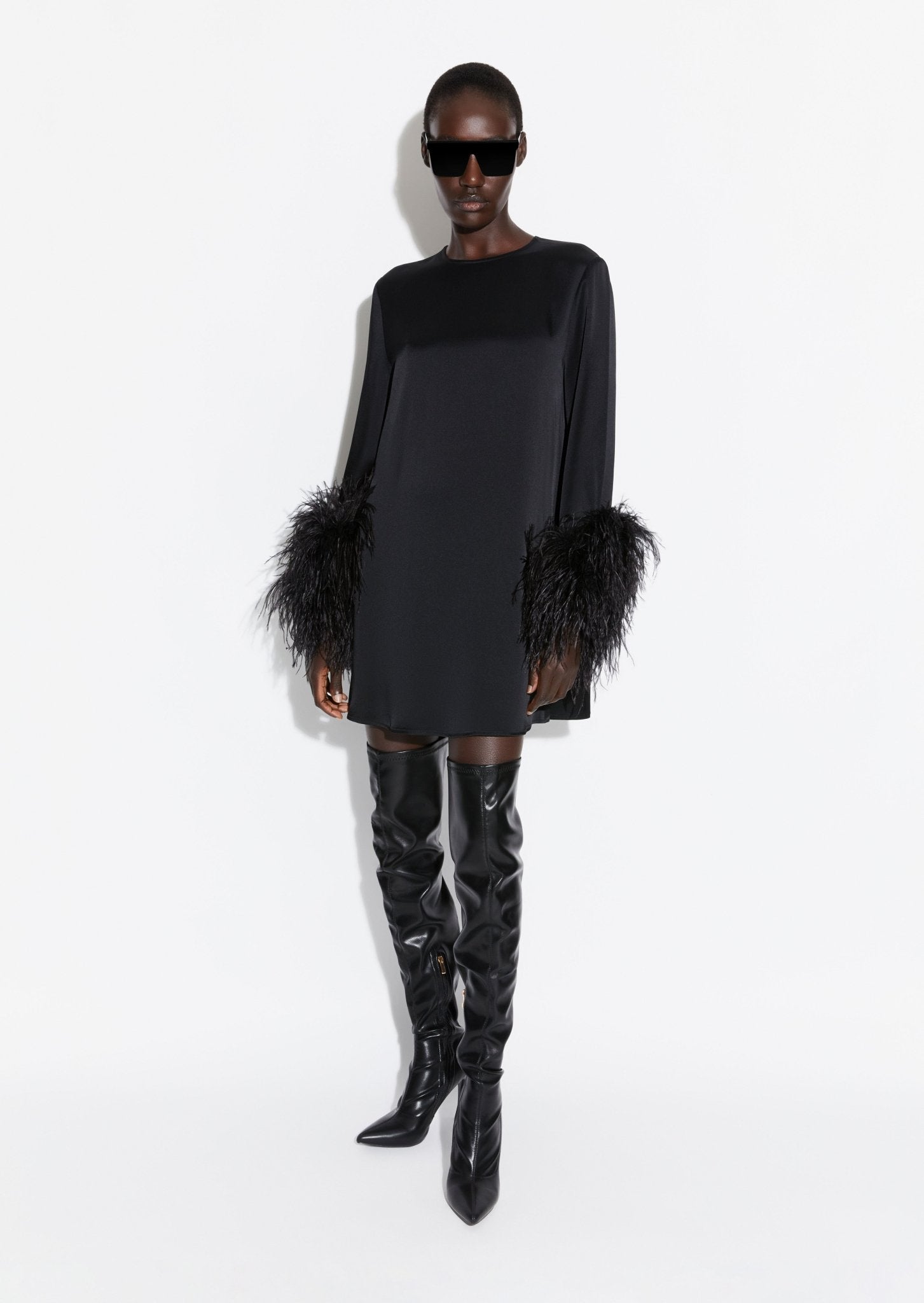 Satin Shift Dress With Feathers - LAPOINTE