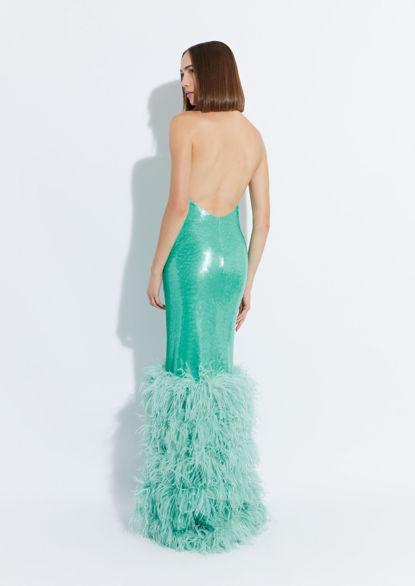 Sequin Halter Open Back Gown With Feathers - LAPOINTE