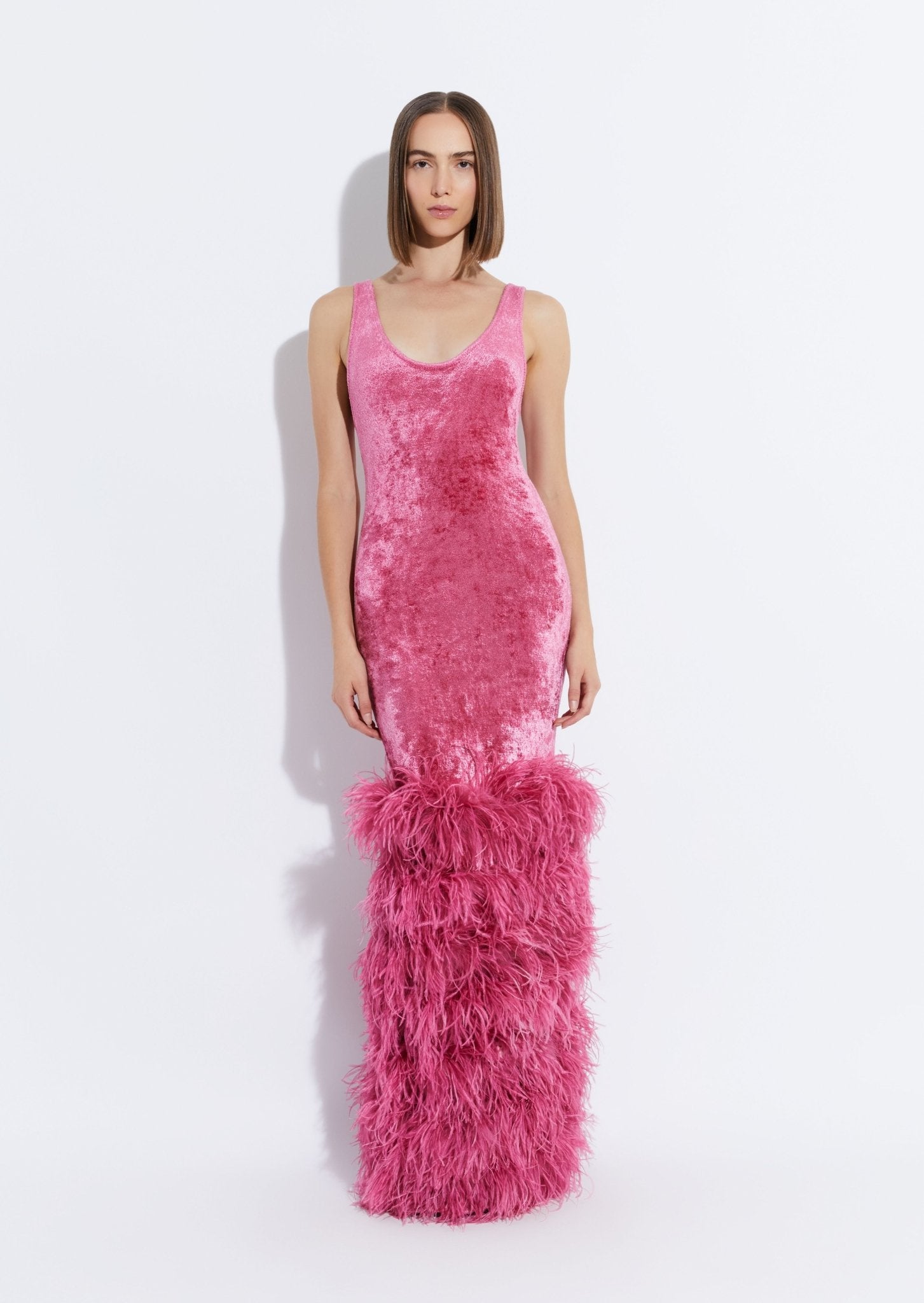 Velvet Scoop Neck Dress With Feathers - LAPOINTE