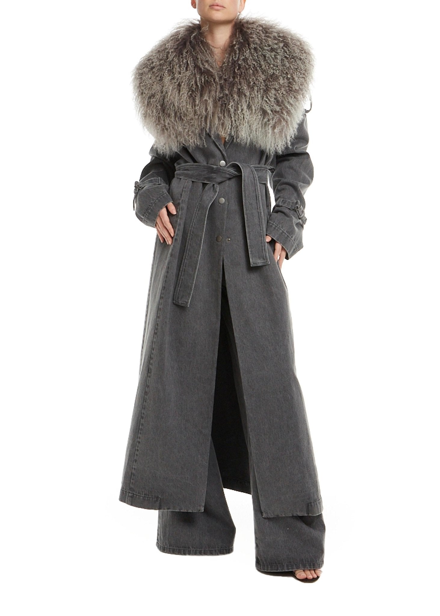 Washed Denim Relaxed Trench With Shearling - LAPOINTE